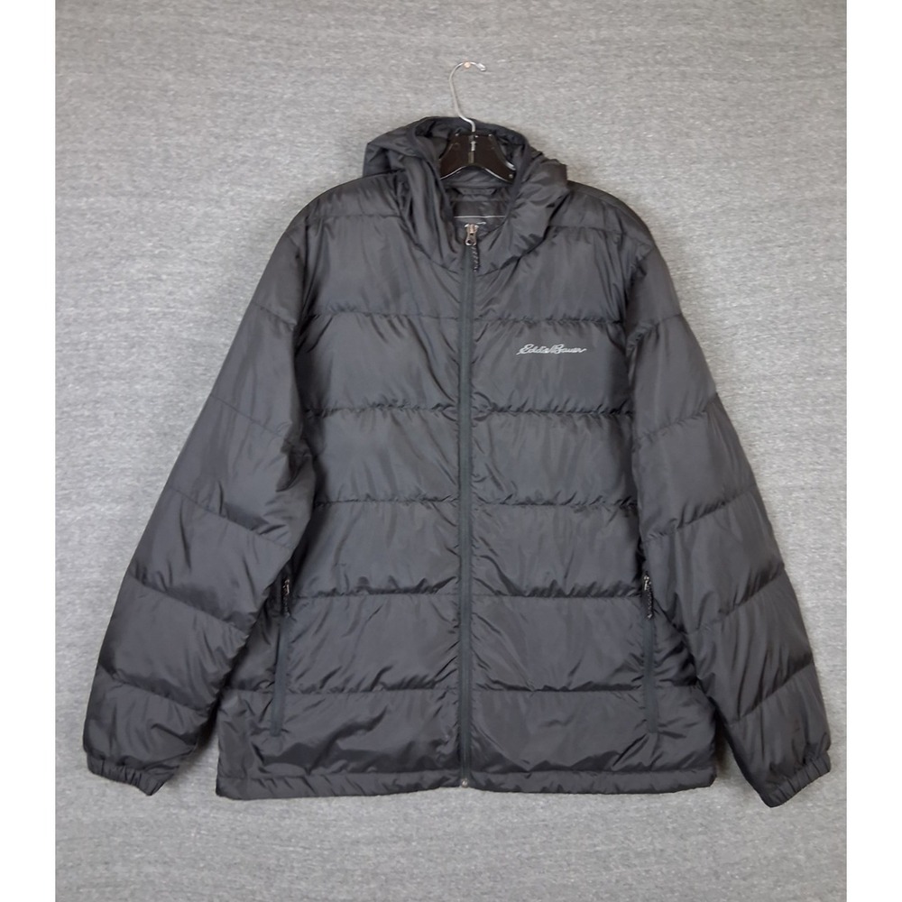 Eddie Bauer Mens Jacket XL Black Wide Channel Goose Down 650 Hooded Puffer Parka